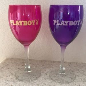Vintage 80s Y2K Playboy Bunny Pink & Purple Etched Long Stem Wine glass set